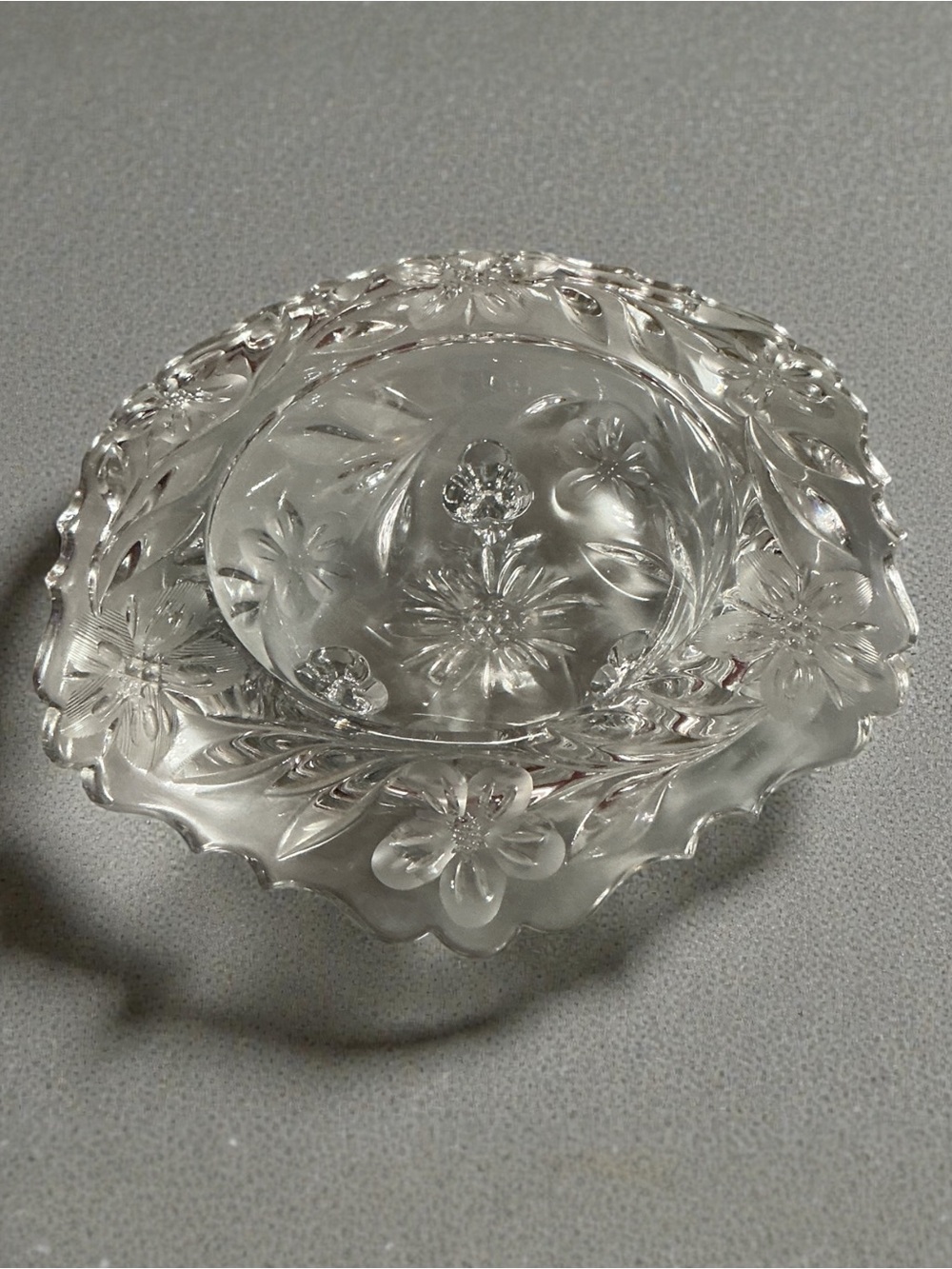 Clear Crystal Etched Floral Three Toed Glass Trinket Dish